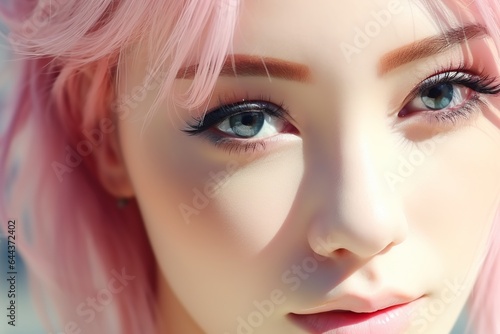 Laidback anime asian girl with pink hair. AI Generated