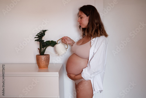 beautiful pregnant young woman watering plants in livingroom