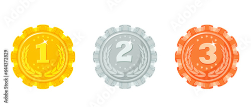 Set of winner medal for 1st, 2nd and 3rd places. Gold, Silver and Bronze Champion Award