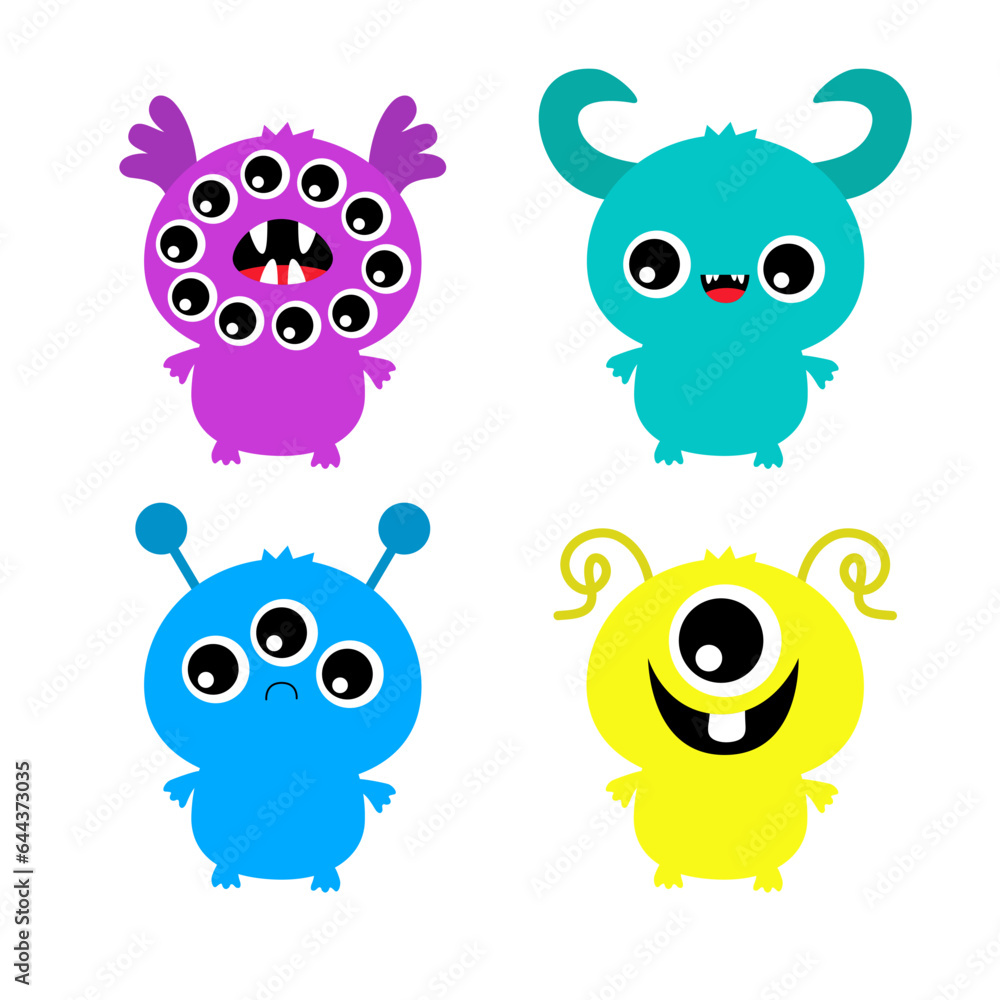 Happy Halloween. Monster set. Colorful silhouette monsters. Cartoon kawaii funny boo character. Cute face with horns, teeth, eyes. Childish baby collection. Flat design. White background.
