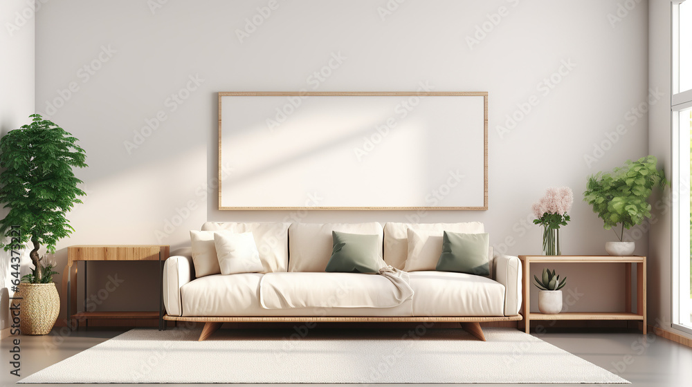 Naklejka premium Stylish Living Room Interior Mockup, Modern Interior Design, 3D Render, 3D Illustration