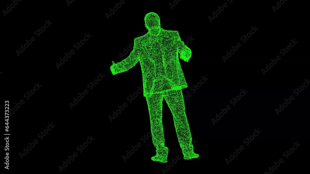 3D businessman explains something on black background. Office and work concept. Staff training. Business advertising backdrop. For title, text, presentation. 3d animation. 3D businessman explains something on black background. Office and work concept. Staff training. Business advertising backdrop. For title, text, presentation. 3d animation.