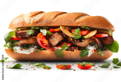Banh Mi vietnamese sandwich, Vietnamese beef sandwich isolated, Banh Mi sandwich pork belly, Vietnamese sandwich grilled beef, Banh Mi Vietnam (bánh mì thịt) vietnamese street food | Generative AI