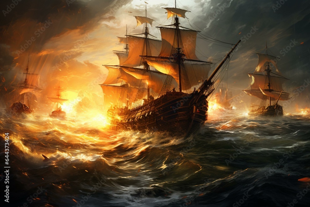 Fototapeta premium Painting depicting ancient warships braving turbulent seas. Generative AI