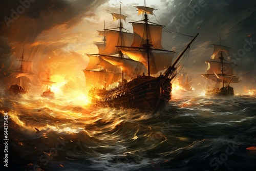 Painting depicting ancient warships braving turbulent seas. Generative AI