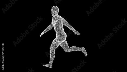 3D Running Man on black background. Sport and Recreation concept. Anatomy of a running man. Business advertising backdrop. For title, text, presentation. 3d animation.