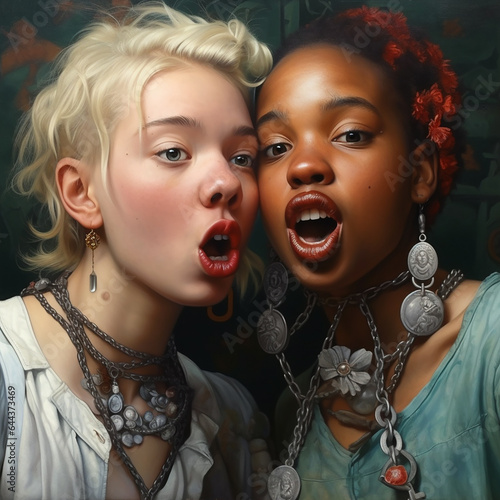 Generative AI: Young white woman and black woman singing together photo