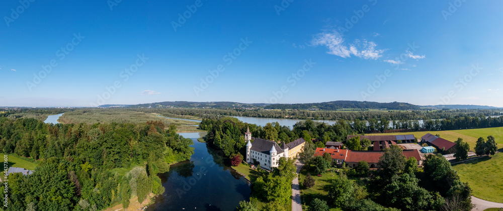 Austria, Upper Austria, Sankt Peter am Hart, Panoramic view of river Mattig and Hagenau Castle Austria, Upper Austria, Sankt Peter am Hart, Panoramic view of river Mattig and Hagenau Castle