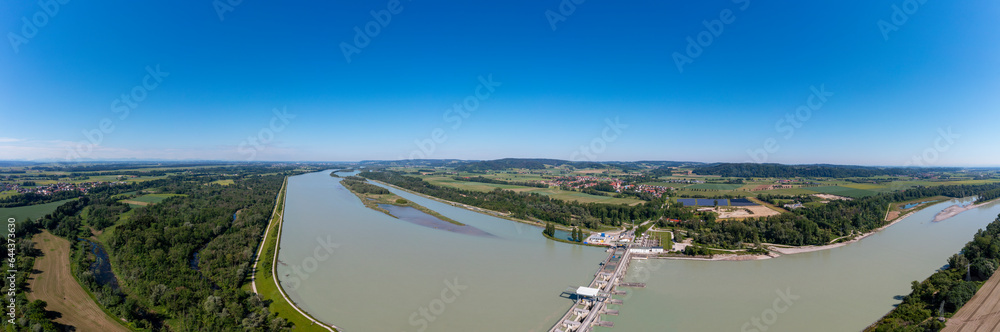 Germany, Bavaria, Drone panorama of river Inn separating Germany and Austria Germany, Bavaria, Drone panorama of river Inn separating Germany and Austria
