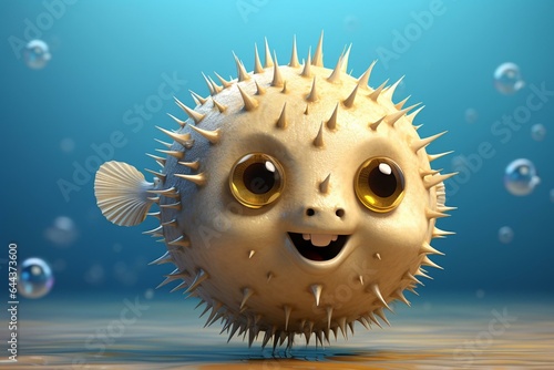 3D depiction of cute pufferfish or blowfish. Generative AI
