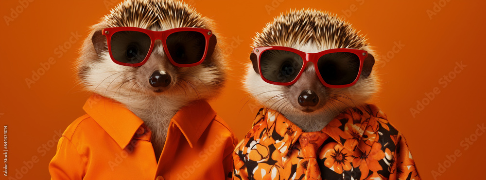 Hedgehogs in stylish attire and eyewear on orange background