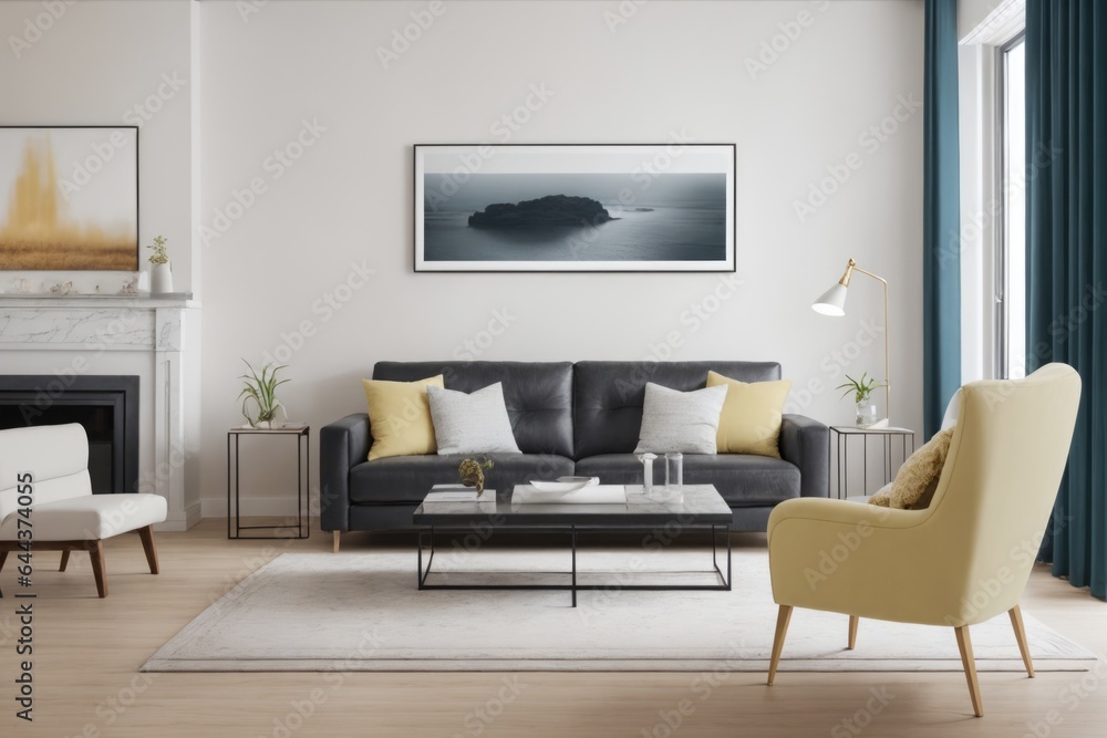 Interior mockup with picture frame on a Wall. Living room with sofa and painting on a wall 3D render. Interior mockup with picture frame on a Wall. Living room with sofa and painting on a wall 3D render.