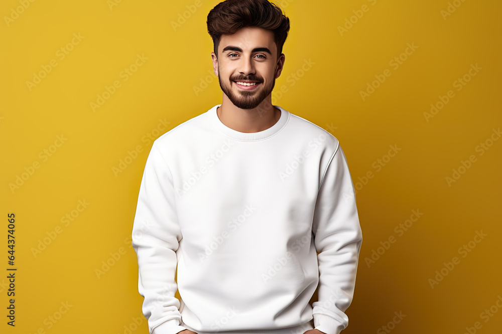A Young Man Models a White Sweatshirt Mockup Against a Bright Yellow Background, Showcasing a Pullover Design Template and Print Presentation Mock-Up. created with Generative AI A Young Man Models a White Sweatshirt Mockup Against a Bright Yellow Background, Showcasing a Pullover Design Template and Print Presentation Mock-Up. created with Generative AI