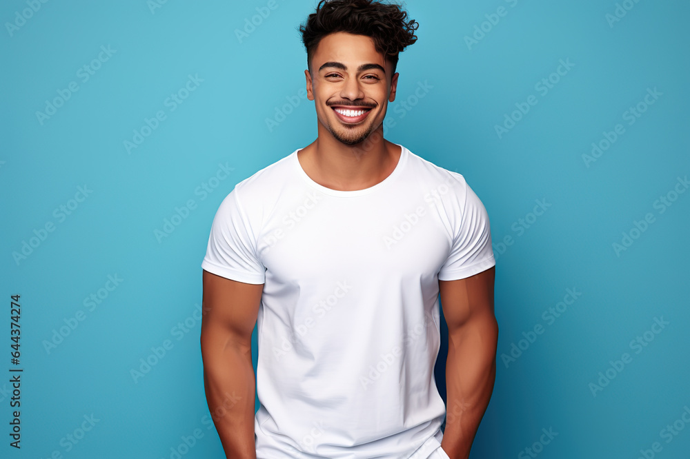A Young Man Showcases Bella Canvas White Shirt Mockup Against a Bold Blue Background, the Ultimate T-Shirt Design Template and Print Presentation Mock-Up. created with Generative AI A Young Man Showcases Bella Canvas White Shirt Mockup Against a Bold Blue Background, the Ultimate T-Shirt Design Template and Print Presentation Mock-Up. created with Generative AI