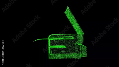 3D Photocopier printer MFP on black background. Modern technologies concept. Office machinery and equipment. Business advertising backdrop. For title, text, presentation. 3d animation.