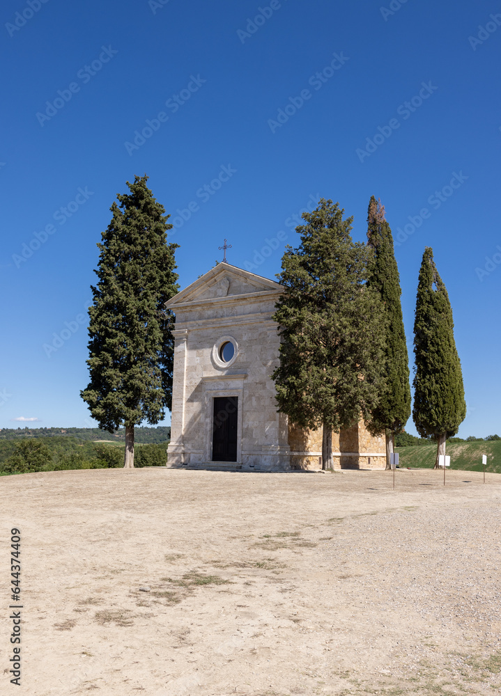 Capella Di Vitaleta in countryside between San Quirico and Pienza in Val d Orcia Tuscany. Italy
