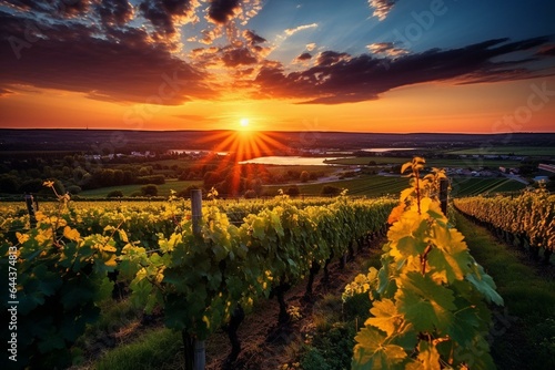 Vineyard in Rheinhessen at sunset. Generative AI