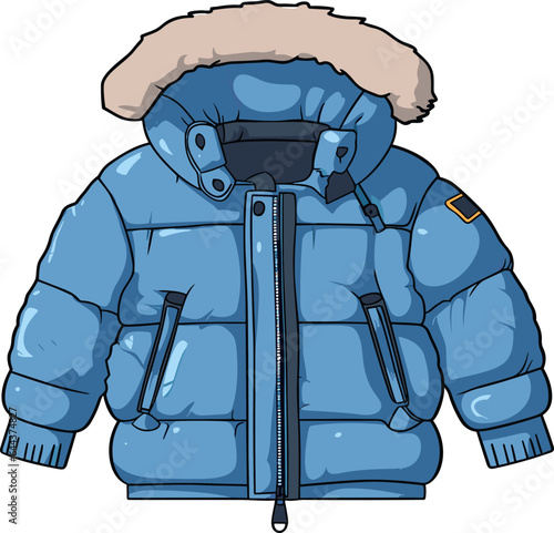 Blue winter down jacket with hood isolated on white background vector