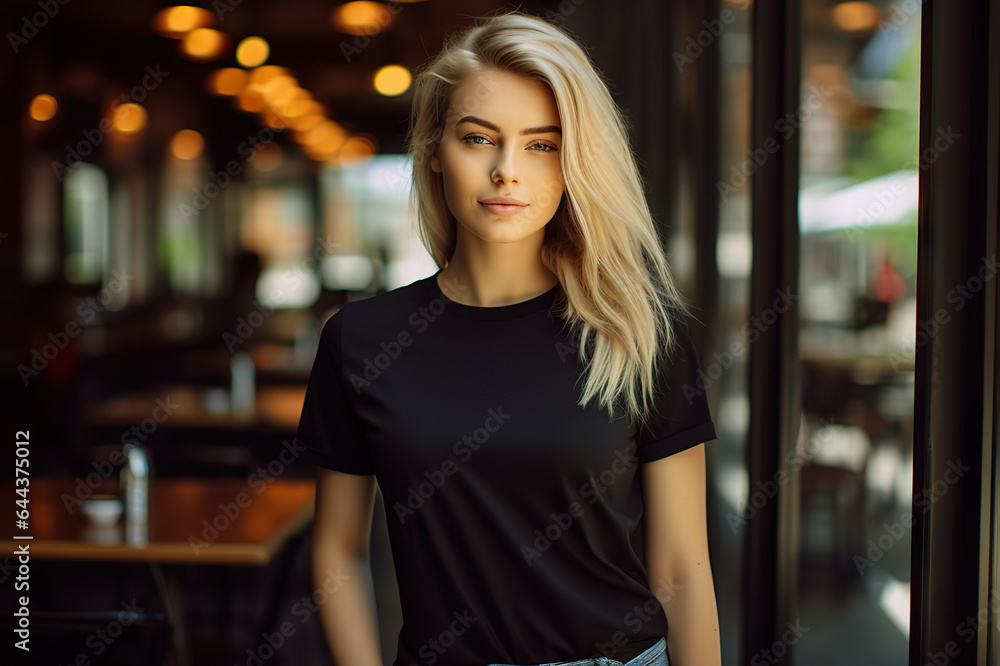A Young Blonde Woman Dons a Bella Canvas Black T-Shirt and Jeans, Savoring Sunshine at a Cozy Restaurant, Featuring a T-Shirt Design Template and Print Presentation Mockup. created with Generative AI