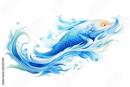 An artistic watercolor-style logo depicting a blue wave fish. Generative AI