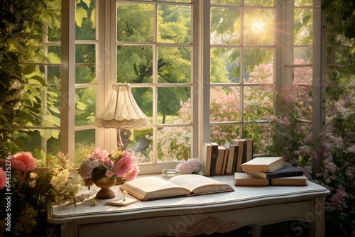 Book and stationery placed on a white desk, with a lovely garden view seen from the window. Generative AI