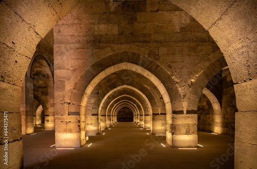 Interior of Sultanhani Caravanserai, an ancient fortified inn on the caravan route, Aksaray, Turkey. .