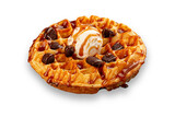 Round Belgian waffle, with ice cream and cocoa balls. On a decorative plate.  Isolated
