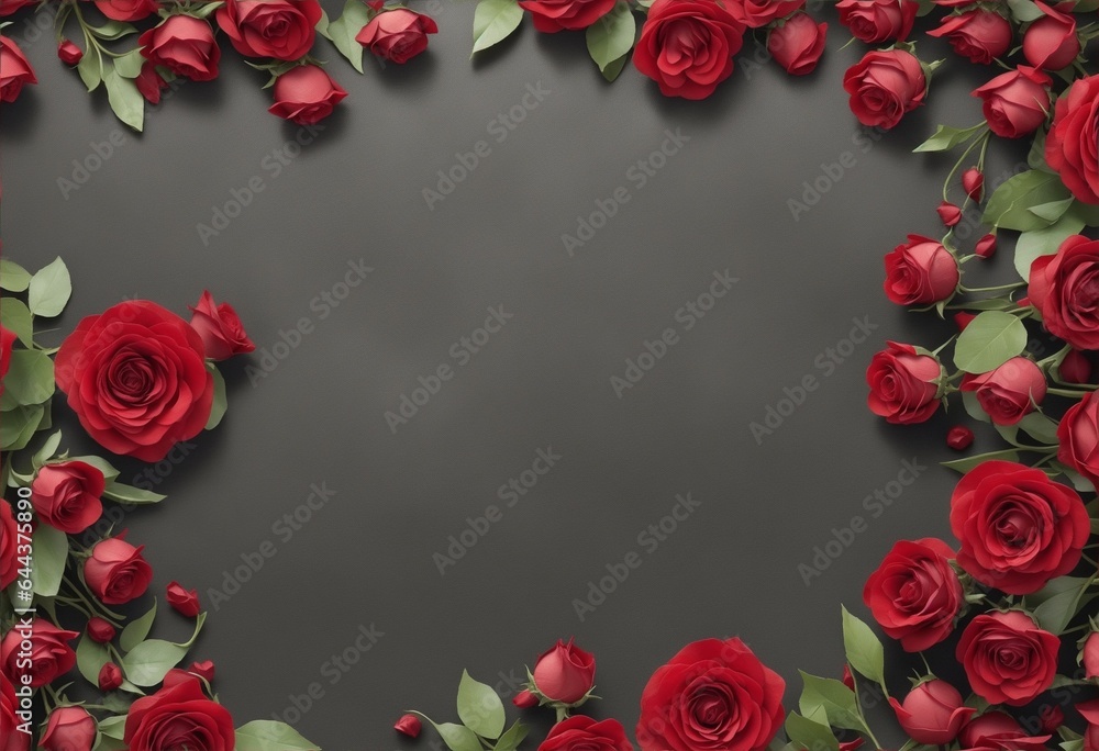 Blooming flowers spring background banner red rose frame on dark black concrete table. Blooming flowers spring background banner red rose frame on dark black concrete table.