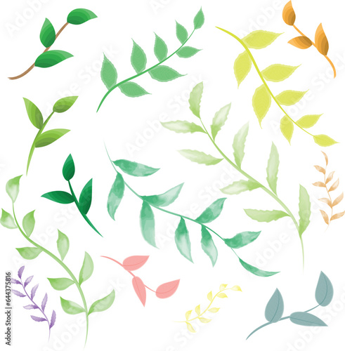 set of watercolor green and colorful leaves elements. collection botanical vector isolated on white background suitable for wedding invitations, save the date, thank you, greeting card, post card