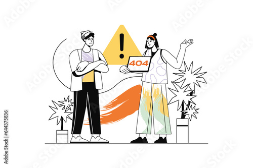 Linear concept no request found with people scene in the flat cartoon design. Colleague shares his problem with another because he cannot find the right web page on the Internet. Vector illustration.