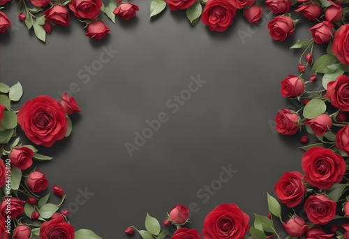 Blooming flowers spring background banner red rose frame on dark black concrete table.