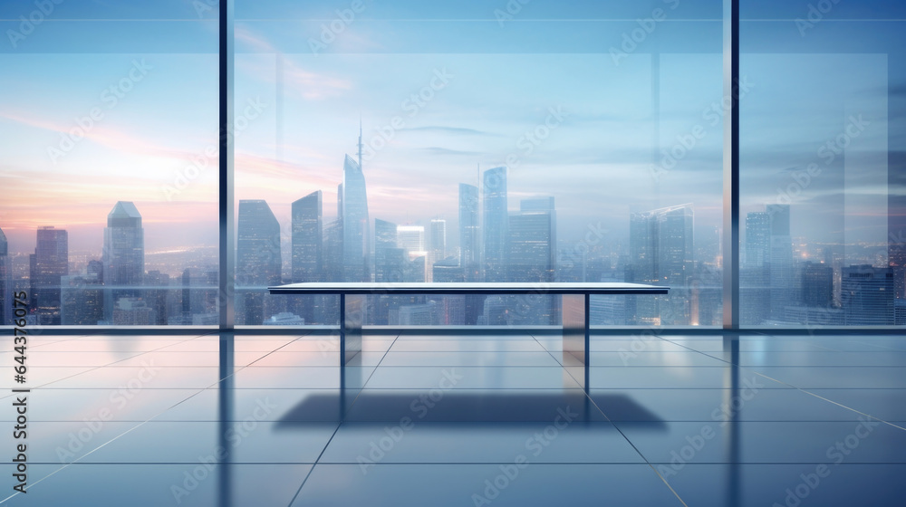 A sleek, modern scene of a glass gentle light background for product presentation. The soft, diffused light of a cityscape at dusk filters through floortoceiling windows, casting minimalistic