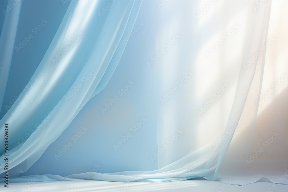 A soothing blue background with a soft, hazy light coming in through a , gauzy curtain. The resulting shadows are dreamlike and ethereal, setting a calm and relaxed mood for showcasing - obrazy, fototapety, plakaty 