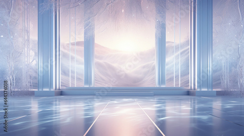 An ethereal retrofuturistic background presenting a dreamy scene on a winter evening. Soft, diffused light filters through a frostadorned window, casting intricate lacelike shadows. The