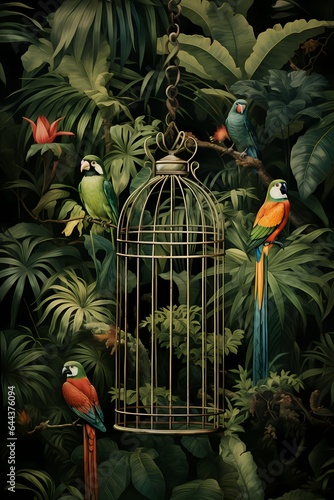 Vintage illustration of parrots in a cage