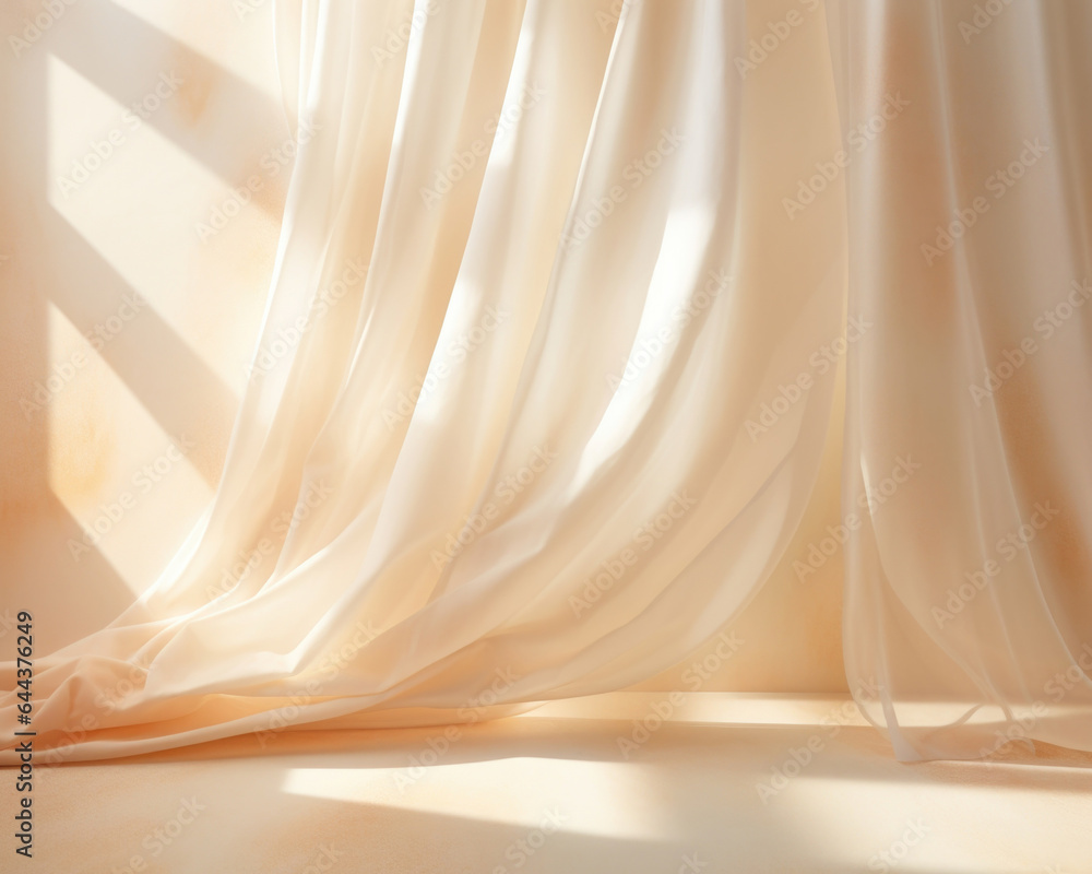 A minimalistic abstract background with warm, golden light shining through a curtain, casting subtle organic shadows on a polished marble surface. The color palette is dominated by warm - obrazy, fototapety, plakaty 