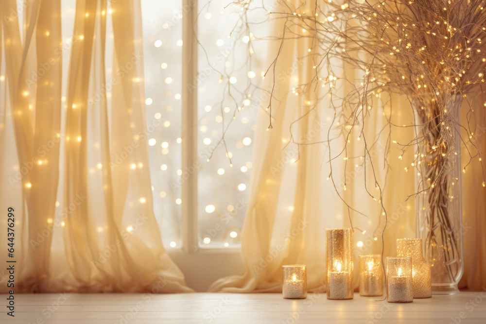 A golden light bathes this Christmas light background, creating a lavish and luxurious ambiance. The intricate shadows from a beautifully adorned window fall gracefully on the product, A golden light bathes this Christmas light background, creating a lavish and luxurious ambiance. The intricate shadows from a beautifully adorned window fall gracefully on the product,