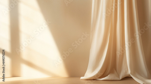 This scene showcases a minimalistic abstract background, with warm sunlight streaming through a curtain, creating a subtle, golden glow. The delicate shadow patterns on a textured linen