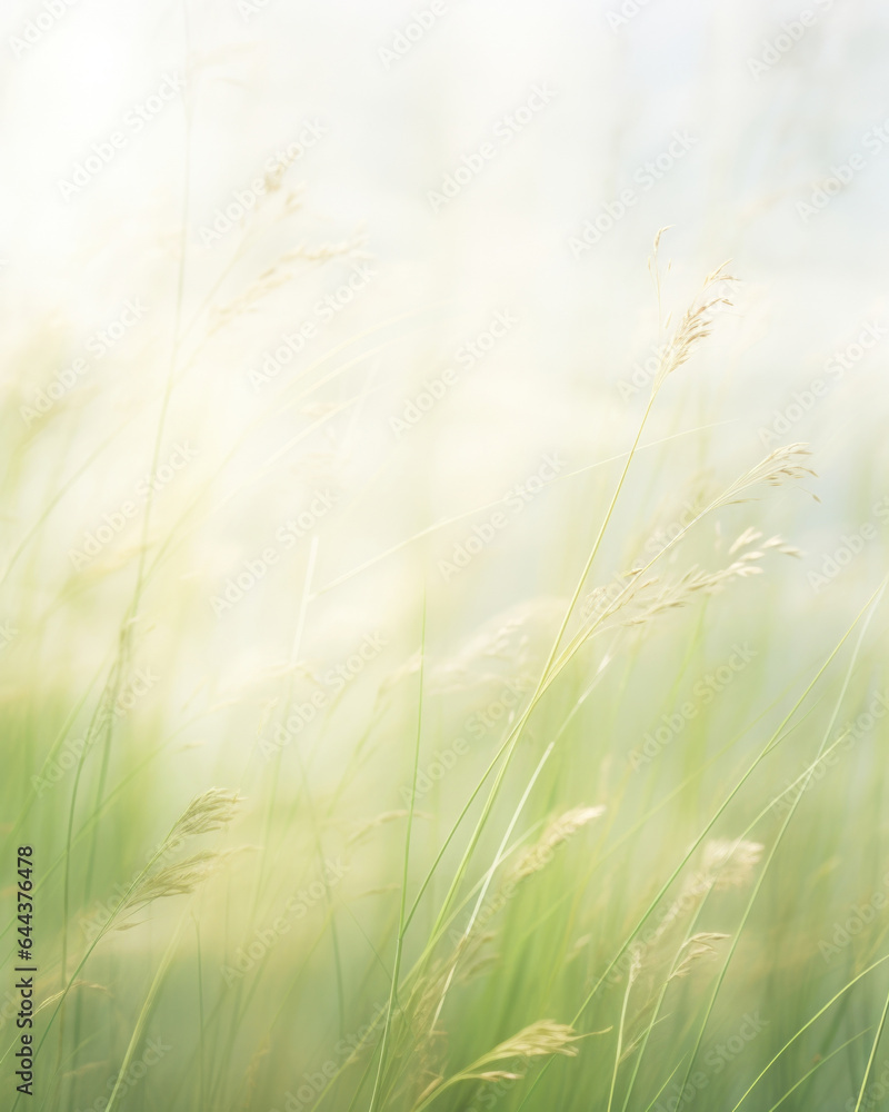  A dreamy scene displaying a soft and ethereal light background of a meadow covered in mist. The sunlight filters through the window, illuminating the mistcovered grass and