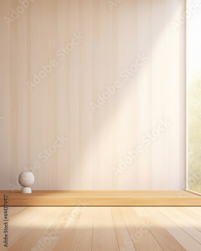  A minimalist wood background with a cool, diffused light flowing through the window. The soft shadows gently play across the sleek surface, lending a sophisticated and