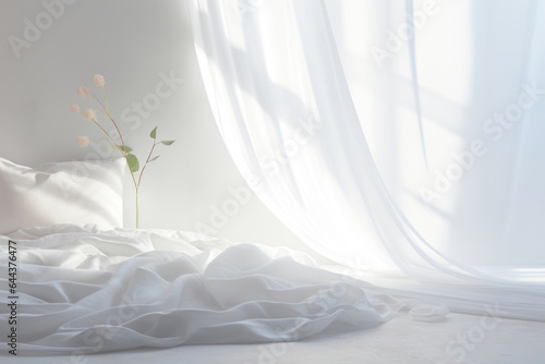 A peaceful bedroom with billowing  curtains swaying in the breeze as morning light seeps through  creating a soft and dreamy atmosphere. The gentle shadows create textures on the inviting 
