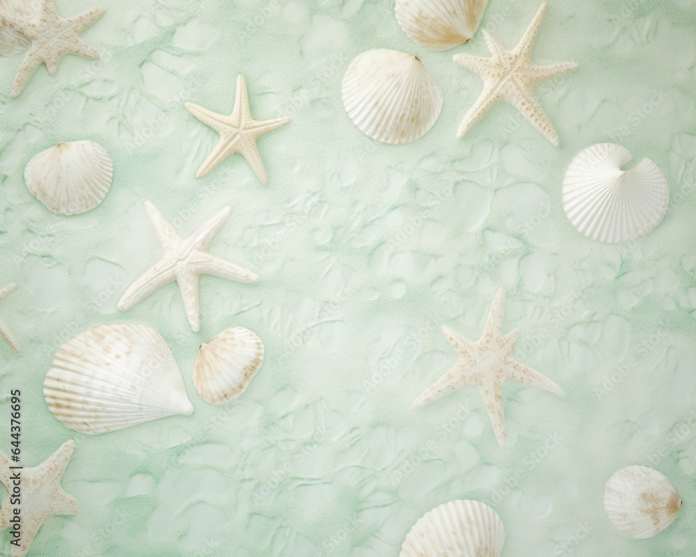 A breezy, coastalinspired scene capturing a modern gentle light background in shades of seafoam green. The window casts intricate shadows of seashells and coral motifs onto a linen backdrop,