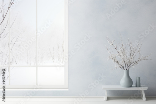  In this scene, a minimalistic background shows a serene winter scene through a frosted window. Soft daylight floods the room, creating subtle shadows on a textured white