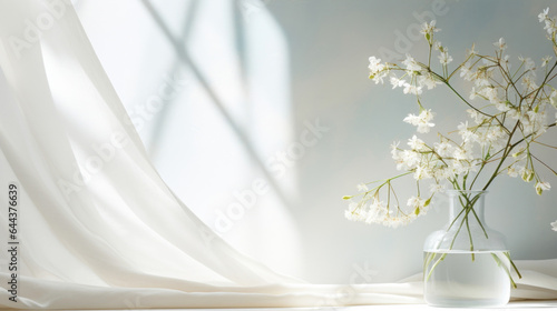  A minimalistic background featuring a large window with curtains gently billowing in the breeze. The light pouring through creates a play of shadows on a textured, linencovered