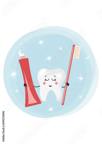 Funny tooth with toothbrush and toothpaste