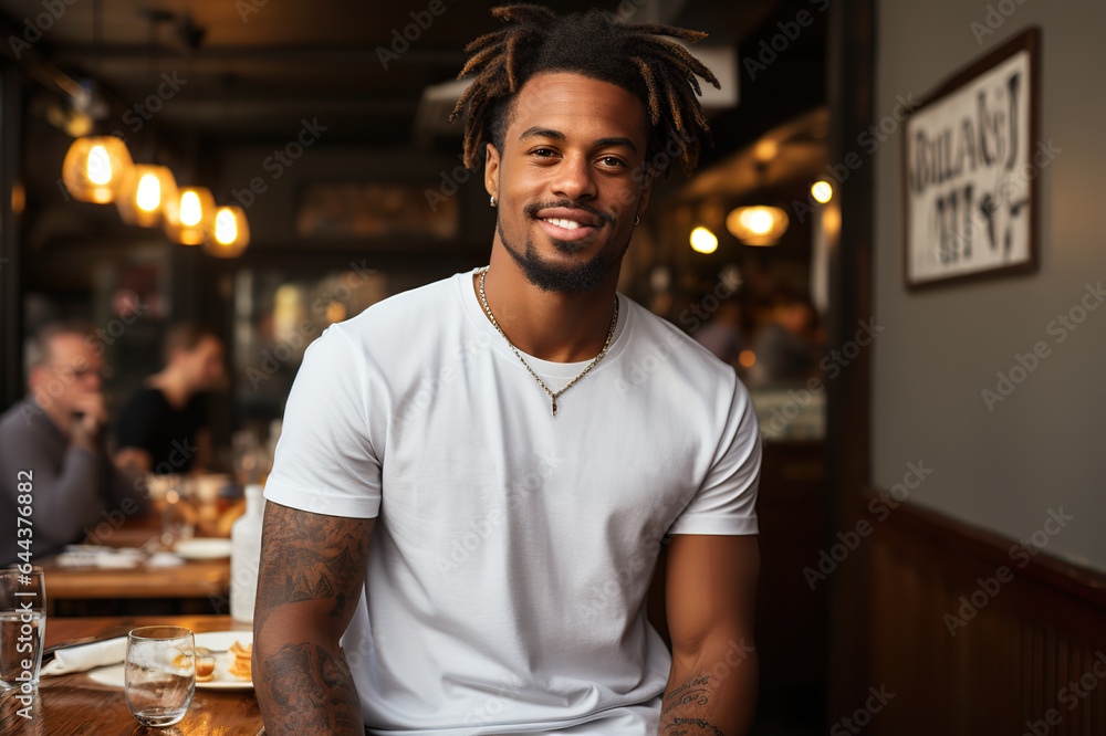 Fototapeta premium A Young Man Showcases Bella Canvas White T-Shirt and Jeans, Savoring Sunshine at a Charming Restaurant, Featuring a T-Shirt Design Template and Print Presentation Mockup.. created with Generative AI
