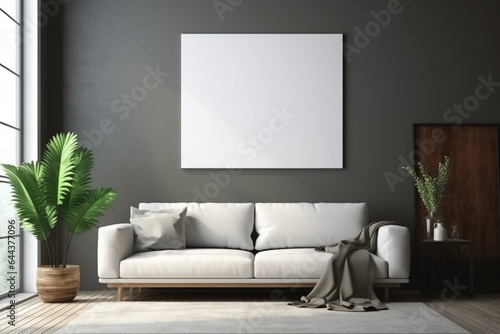 Contemporary living space with blank frame on gray wall for showcasing art. Sleek design. Generative AI