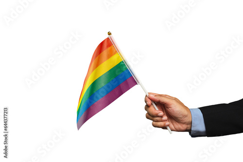Tableau sur toile Close-up of a hand holding rainbow flag against a transparent background