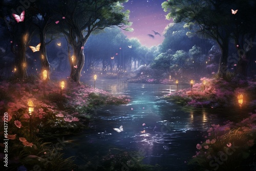 Enchanted fairy tale with rose garden  lake  butterflies  moon. Generative AI