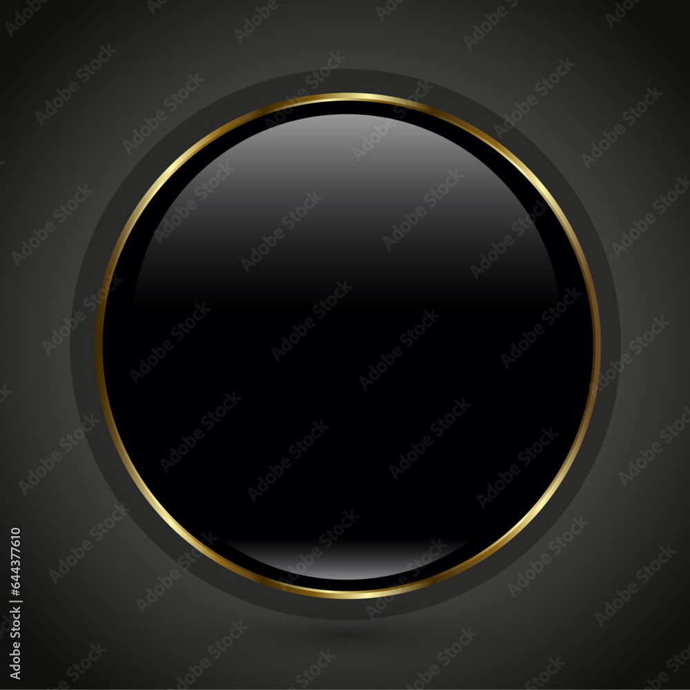 Premium round black glossy Circle button, with Luxury gold ring frame vector illustration. Glass badge of circle shape on dark background Premium round black glossy Circle button, with Luxury gold ring frame vector illustration. Glass badge of circle shape on dark background